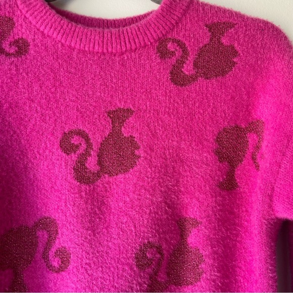 Barbie Fuzzy Pink Sweater Metallic Logo Print Girls Size L 10/12 Y2K Barbiecore - Picture 2 of 10